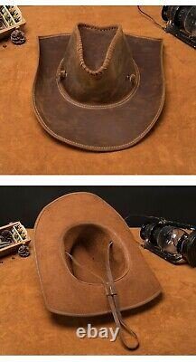 Vintage Australian Style Horse Genuine Leather Hat Wide Brim Western Cowboy cap