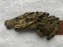 Vintage, Authentic, GUCCI Double Horse Head Bronze Belt Buckle and Leather Belt