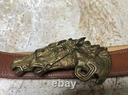 Vintage, Authentic, GUCCI Double Horse Head Bronze Belt Buckle and Leather Belt