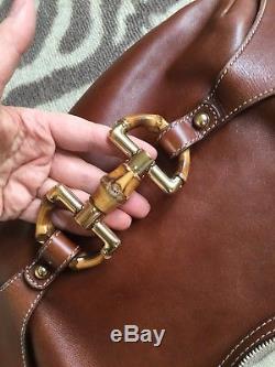 Vintage Authentic GUCCI Leather Bamboo Horse bit Shoulder Hobo Bag Caramel Brown