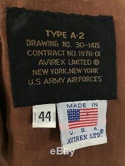 Vintage Avirex Limited Type A-2 Horse-Hide Leather Bomber Jacket Sz 44 USA