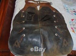 Vintage BRANDED Marked A Leather Cowboy Chaps Antique Horse Bit Western Saddle