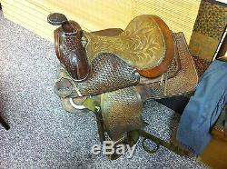 Vintage Big Horn Horse Saddle Tooled Leather Stitched seat
