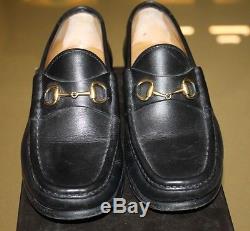 Vintage Black Leather Gucci Loafers with Gold Horse Bit EXCELLENT Condition