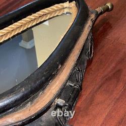 Vintage Black Leather Horse Collar Mirror With Wood, Brass, And Rope Accents