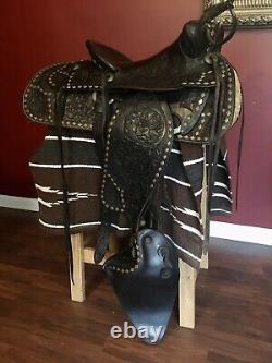 Vintage Black Leather Silver Studded Parade Western Horse Saddle