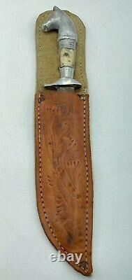 Vintage Bowie Knife 12 Horse Head Pewter Handle Leather Sheath Made in Mexico