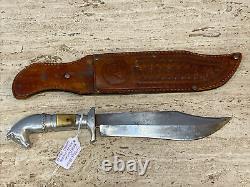 Vintage Bowie Knife with Horse Head handle and Tooled Leather sheath