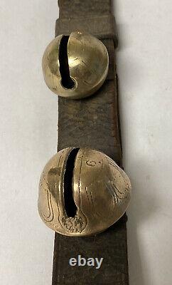 Vintage Brass Sleigh Horse Bells 9 Etched Brass Bells 30 Leather Strap X-MAS
