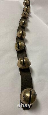 Vintage Brass Sleigh Horse Bells 9 Etched Brass Bells 30 Leather Strap X-MAS