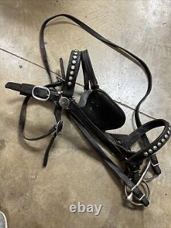 Vintage Bridle Bit Reigns Black Leather Draft Horse Show Silver Studs