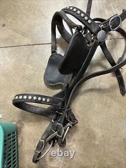 Vintage Bridle Bit Reigns Black Leather Draft Horse Show Silver Studs