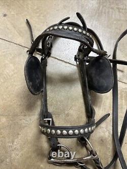 Vintage Bridle Bit Reigns Black Leather Draft Horse Show Silver Studs