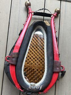 Vintage Brown And Red Leather Horse Collar With Mirror Frame with Brass Horns