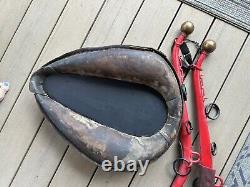 Vintage Brown And Red Leather Horse Collar With Mirror Frame with Brass Horns