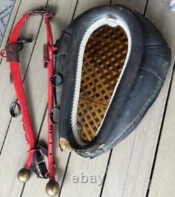 Vintage Brown And Red Leather Horse Collar With Mirror Frame with Brass Horns