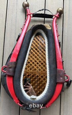 Vintage Brown And Red Leather Horse Collar With Mirror Frame with Brass Horns