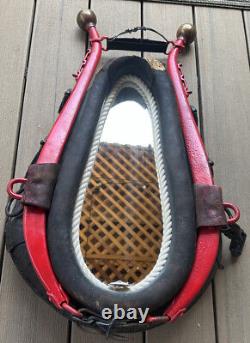 Vintage Brown And Red Leather Horse Collar With Mirror Frame with Brass Horns