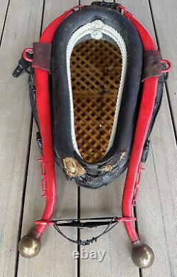 Vintage Brown And Red Leather Horse Collar With Mirror Frame with Brass Horns