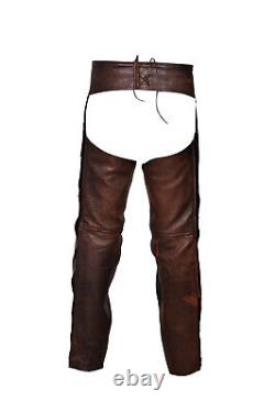 Vintage Brown Classic Motorcycle Horse Riding Unisex Leather Chaps Mens Womens