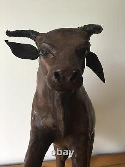 Vintage, Brown Leather, Farmyard Bull With Glass Eyes