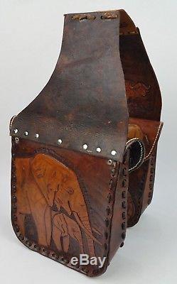 Vintage Brown Leather Wild Animal Tooled Motorcycle or Horse Saddlebags