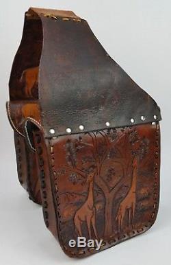 Vintage Brown Leather Wild Animal Tooled Motorcycle or Horse Saddlebags
