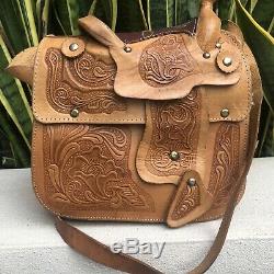 Vintage Brown Tooled Leather Handbag Purse Satchel Horse Saddle Bag 70s 80s