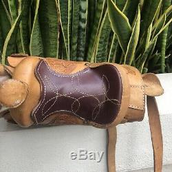 Vintage Brown Tooled Leather Handbag Purse Satchel Horse Saddle Bag 70s 80s
