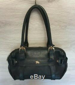 Vintage Burberry Black Leather Metal Logo Horse Bag Satchel Tote Shoulder bag