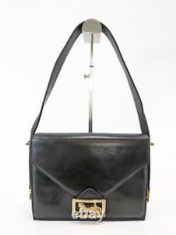Vintage CELINE Shoulder bag Horse Carriage Leather Black Gold Auth From Japan