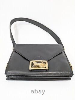 Vintage CELINE Shoulder bag Horse Carriage Leather Black Gold Auth From Japan