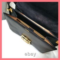Vintage CELINE Shoulder bag Horse Carriage Leather Black Gold Authentic from JPN