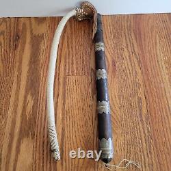 Vintage Camel/Horse Whip Leather Wood Metal Filigree Motifs/Braided Crop Tack