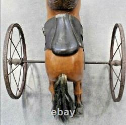 Vintage Carved Wooden Horse Tricycle with Leather Saddle and Horse Hair Tail