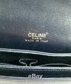 Vintage Celine Box Horse Carriage Navy Leather Shoulder Hand Bag Authentic Rare