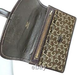 Vintage Celine C Horse Carriage Brown Canvas Leather Clutch Hand Bag Authentic