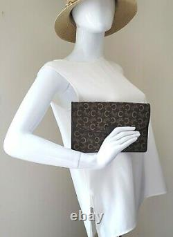 Vintage Celine C Horse Carriage Brown Canvas Leather Clutch Hand Bag Authentic