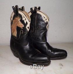 Vintage Childs Leather Western Cowboy Fancy Boots Sz 6 Pony Hair Horse Heads