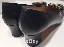 Vintage Classic Ferragamo Black Leather Pumps Brass Horse Bit Woman Size 7.5
