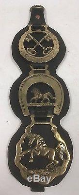 Vintage Decorative Horse Brass Western Mustang Horseshoe Leather Hanging Wall