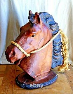 Vintage Distressed Leather Horse Head Statue Large