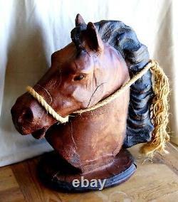 Vintage Distressed Leather Horse Head Statue Large