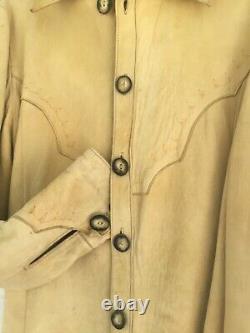 Vintage Elk Hide Leather Shirt Jacket Tooled Mens 40 Antler Button Funky Real A