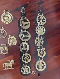 Vintage English Brass Leather Horse Medallions Set