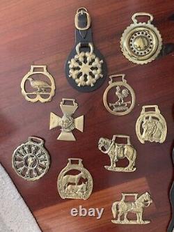 Vintage English Brass Leather Horse Medallions Set