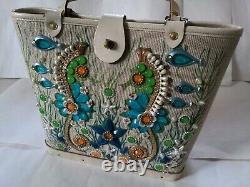 Vintage Enid Collins Sea Garden Purse Tote with Jeweled Sea Horses & Fish Signed