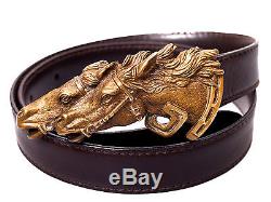 Vintage Equestrian Double Horse Head Gucci 70-28 Leather Brass Belt Buckle