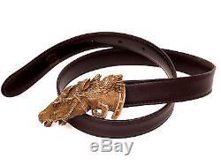 Vintage Equestrian Double Horse Head Gucci 70-28 Leather Brass Belt Buckle