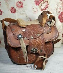 Vintage Equestrian Horse Western Saddle Leather Crossbody Cowgirl Purse Handbag